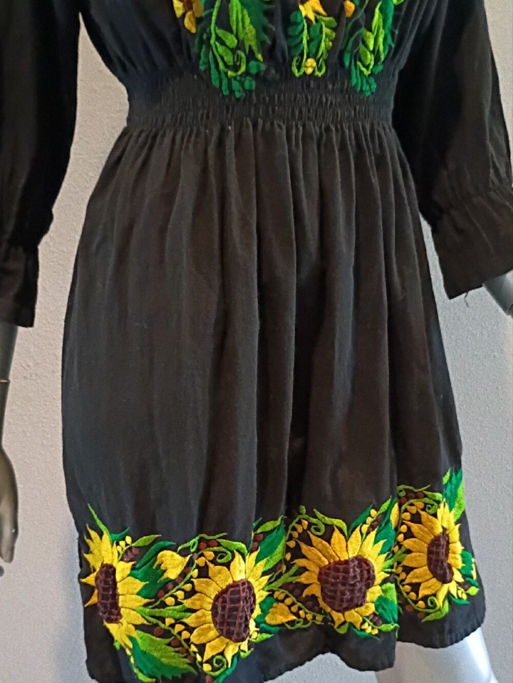 Sunflower Artisan-Embroidered Boho   Black Cotton Mini Dress Sz Med - Picture 9 of 12